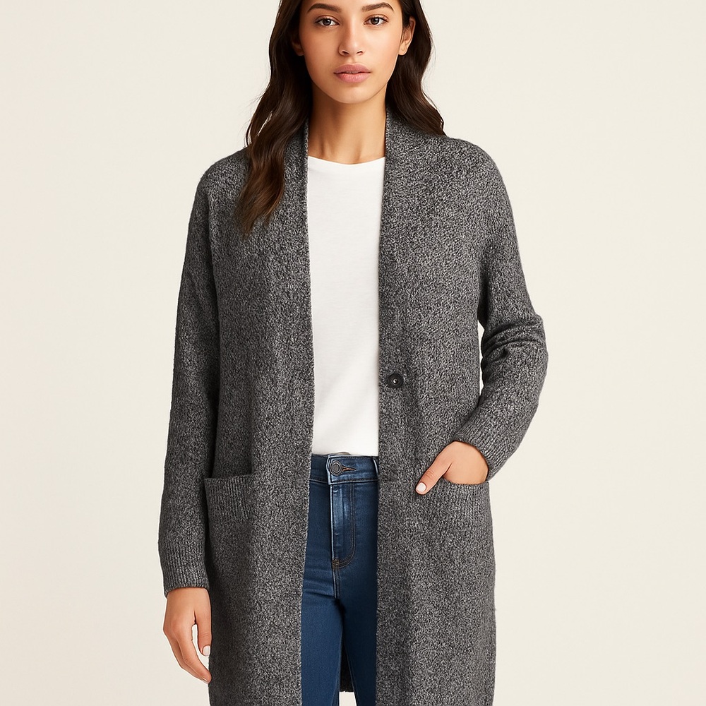 Ann Taylor Long Open Front Heather Gray Knit Cardigan Sweater Coat Women’s Large